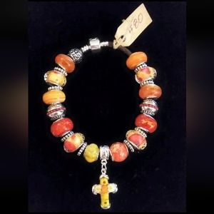 7.5" MILLEFIORI .925 SILVER CROSS EUROPEAN CHARM BRACELET #80 LEATHER CLASP BAND
